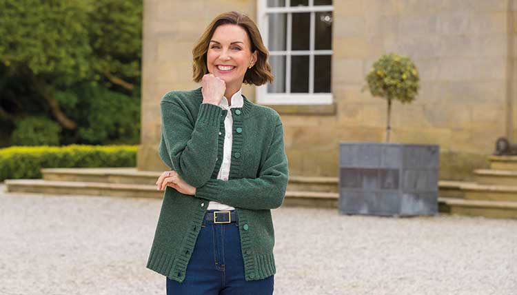 Lady Wearing Warm Green Wool Cardigan